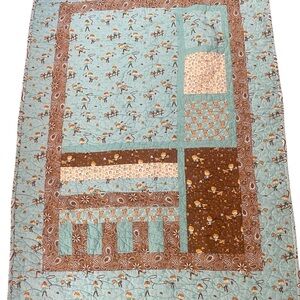 Handmade Patchwork Baby Quilt in Light Blue and Brown